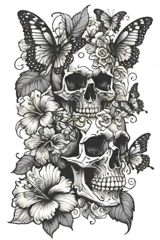 One Skull With A Lot Of Hibiscus Flowers And Butterflies