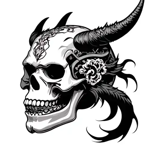 Demon Skull With Oni Mask Illustration Japanese Style