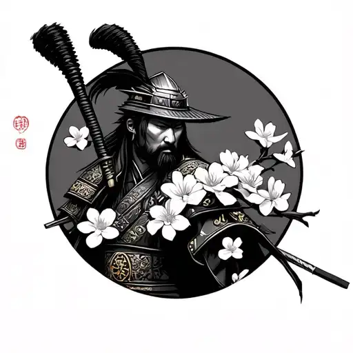 Japanese Samurai Warrior With Blossom Flowers Blooming