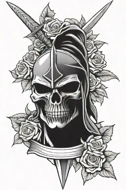 Skull Spartan Holding Sword With Roses