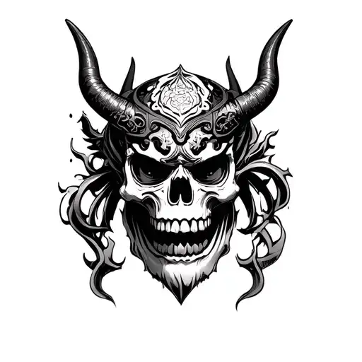 Demon Skull With Oni Mask Illustration Japanese Style Tattoo Frontal View