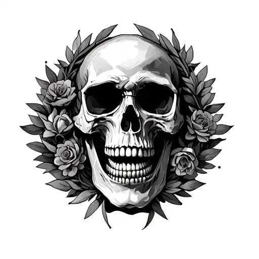 Tattoo On The Chest With An Open Skull Mouth And Wreaths