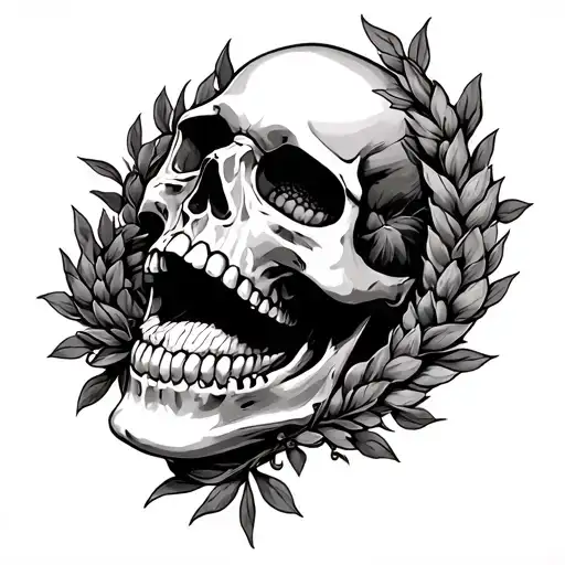 Tattoo On The Chest With An Open Skull Mouth And Wreaths