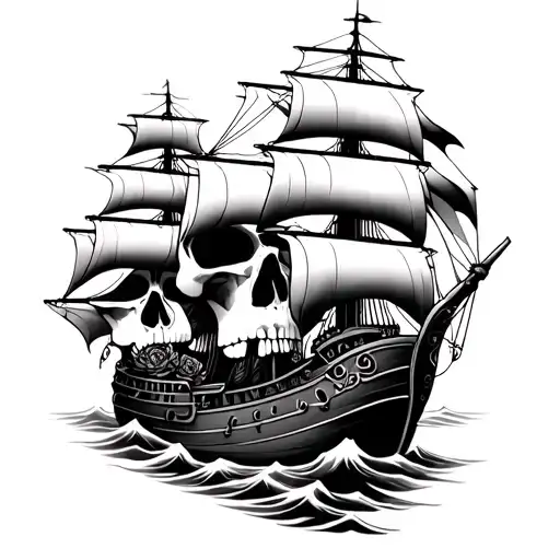 Sailing Ship Roses Skull