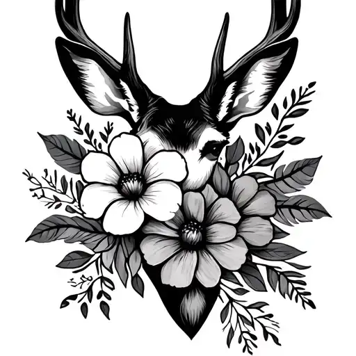 Simple Flower Bouquet Outline And A Single Deer Angtler
