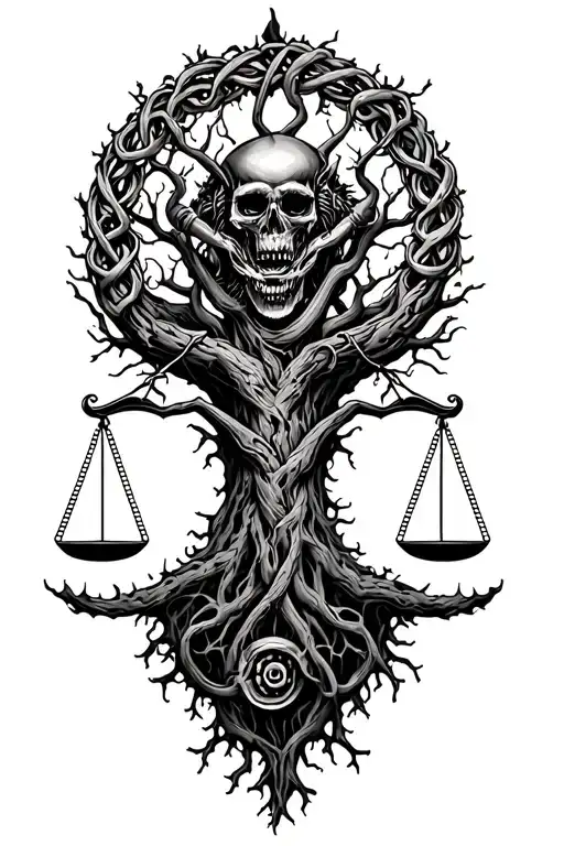Spooky Tree Of Life With V Twin Engine Intertwined And Midevil Libra Scale In Background