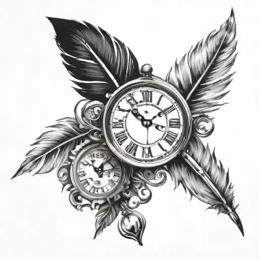 Writing Pen With A Feather Drawing A Clock