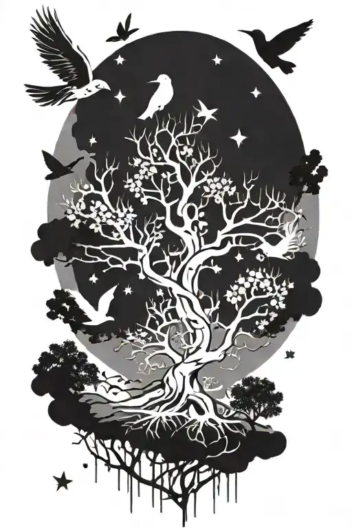 Posion Tree With Birds And Stars Forming