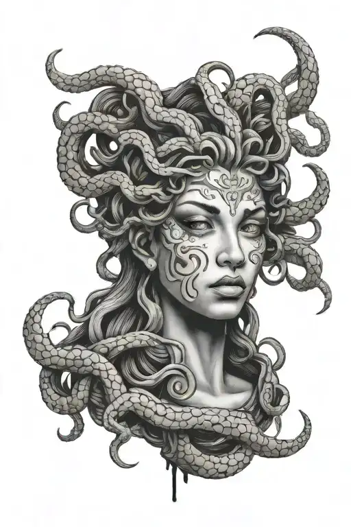 Medusa Face Tattoo With Blind Eyes