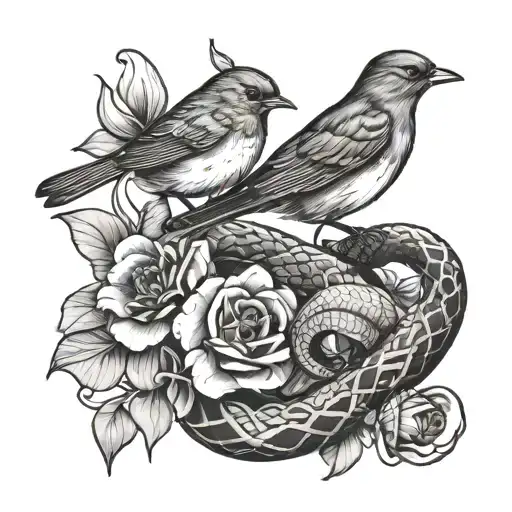 Robin And Snake With Flowers Intertwined
