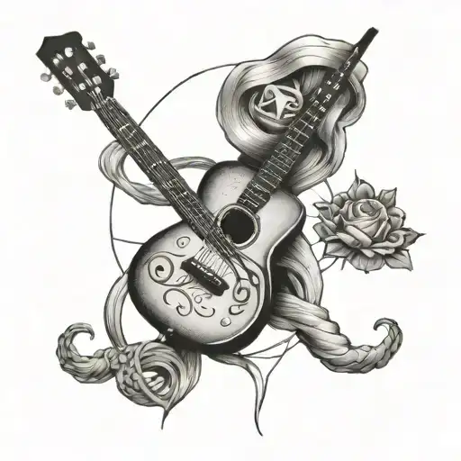 A Guitar And Fishing Rod Intertwined To Create A Unique Symbol