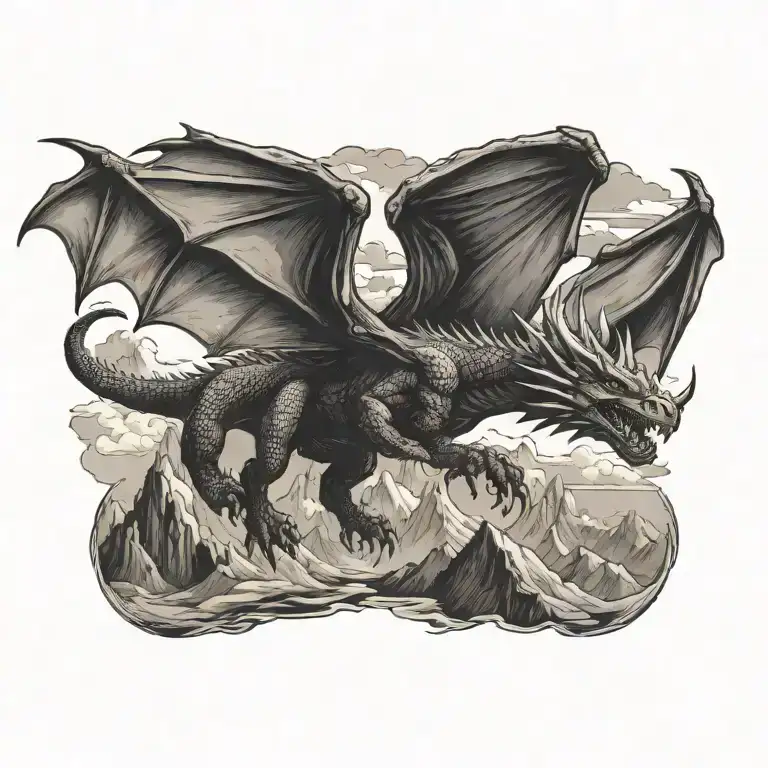 A Dragon With Wings In A Cowboy Hat Flying Towards Mountain Range