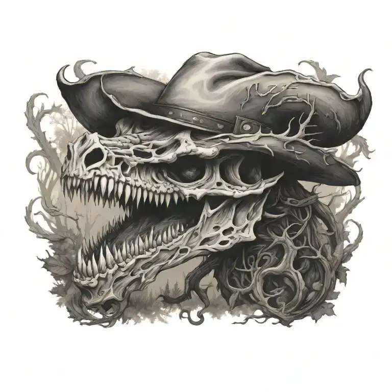 A Dragon Skull Wearing Cowboy Hat Flying Through Woods