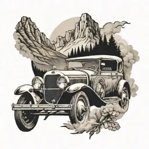 A Detailed Tattoo Of A Vintage Car Driving Through A Mountain Landscape