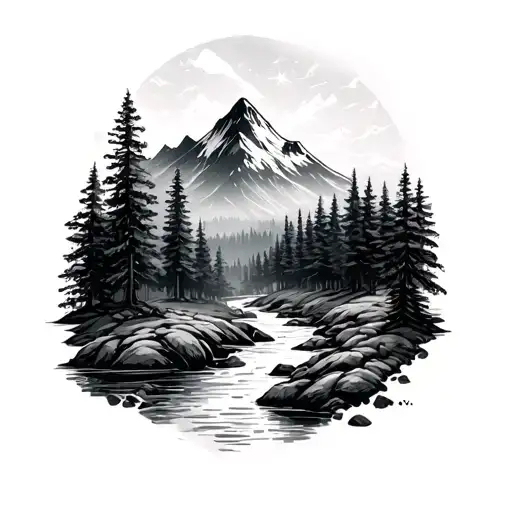 Forest Landscape With A River And A Mountain