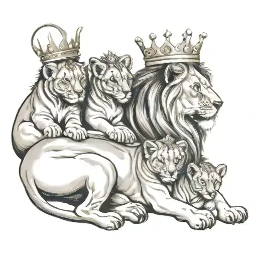 Lion With Crown And 5 Cubs