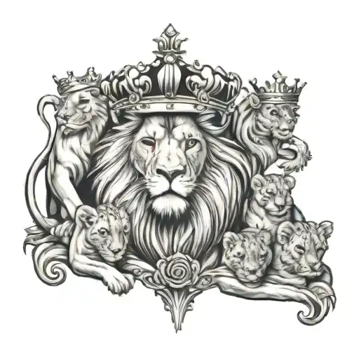 Lion With Crown And 5 Cubs Surrounded