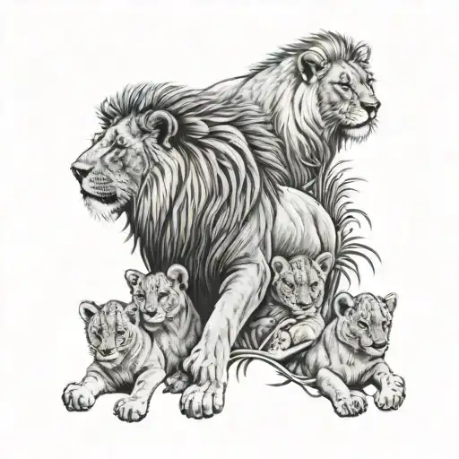 Lion With And 5 Cubs Surrounded