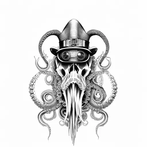 Steampunk Ram Skull With Octopus Tentacles As A Long Beard
