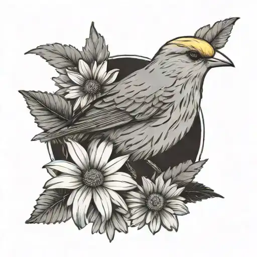 Canary Bird On A Daisy Flower