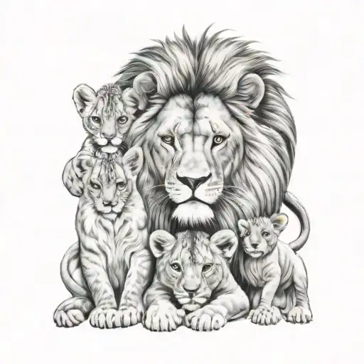 Lion With And 5 Cubs Surrounded