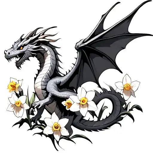 Dragon Flying With Daffodils