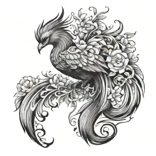 Female Phoenix With Flowers Hanging On Tail Black And White