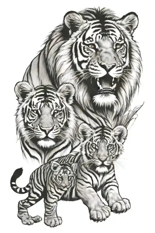 Lion Tiger And Cubs