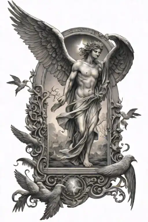 An Angel Walking Through The Gates Of Heaven With Birds Flying Around And The Sun Shining