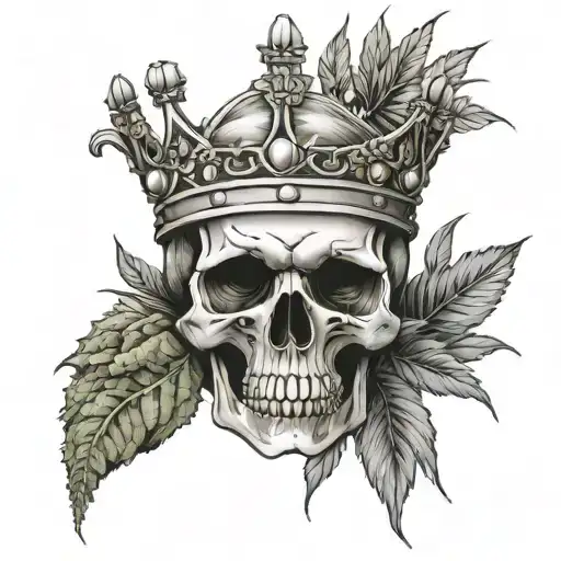A Skull Wearing A Crown Made Of Dollar Bills And Surrounded By Weed Plants