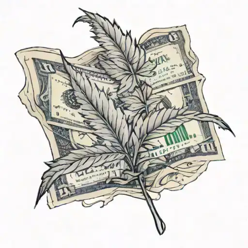 A Black And Grey Tattoo Of A Weed Leaf With Dollar Bill Veins Running Through It