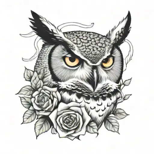 Great Horned Owl Perhced On Hill With Roses Growing