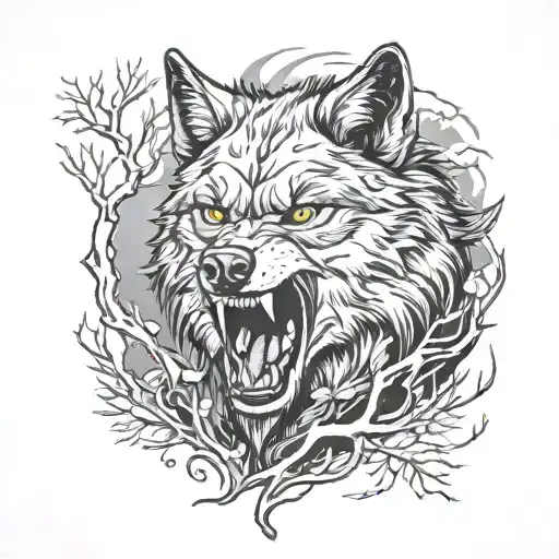 Snarling Wolf Facing Forward Surrounded By Trees