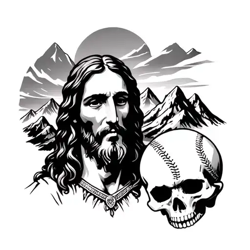 Jesus To Be Looking Over Evil Skulls Showing Mountains And Baseball Along With Shading Of Filigree