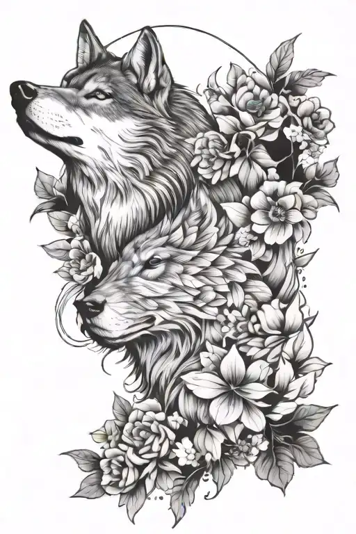 Wolf With Half Of Its Face Covered In Flowers