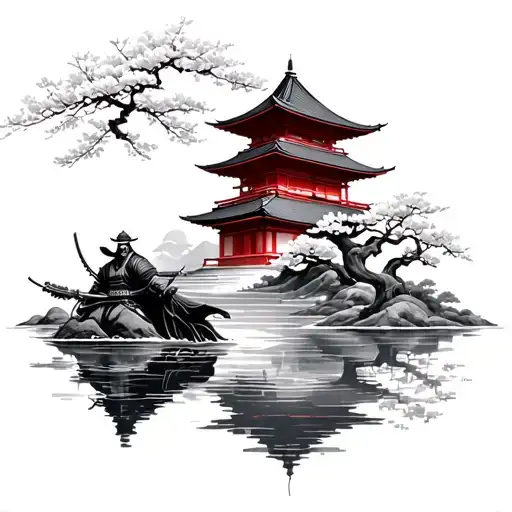 Japanese Samurai And Japanese Temples And Water Flow To A Cherry Blossom Tree