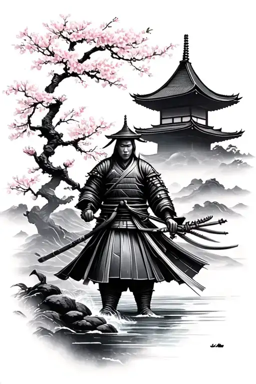 Japanese Samurai And Japanese Temples And Water Flow To A Cherry Blossom Tree