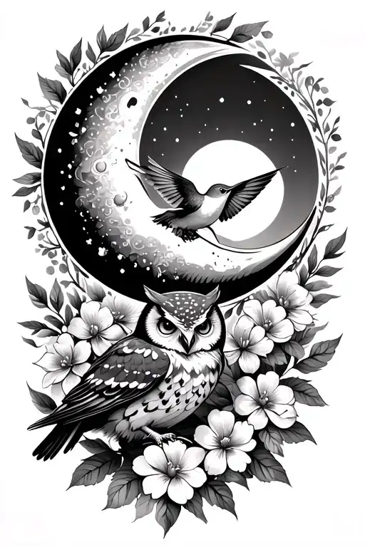 Crescent Moon With Flowers Blooming And An Owl Perched On Bottom With Flying Hummingbird
