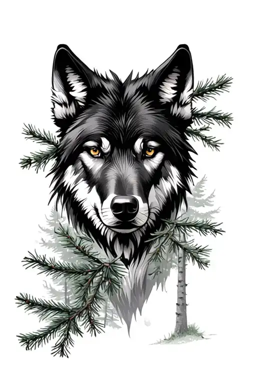 Black Wolf Surrounded By Pine Forest