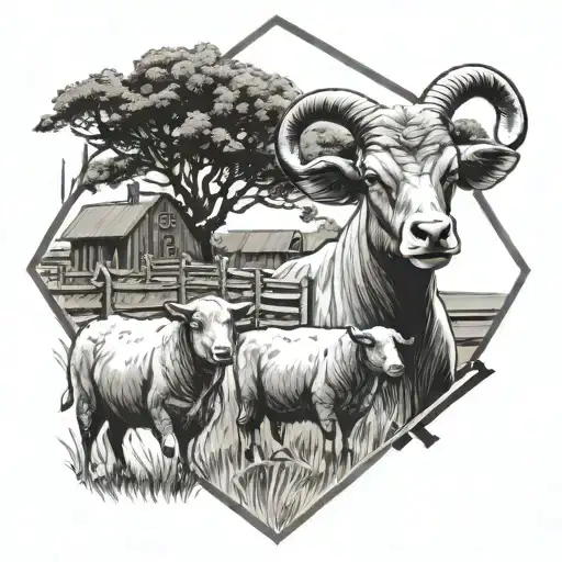 Farm Scene Featuring Fencing Cattle Brand With A Few Sheep All Inside Of A Diamond