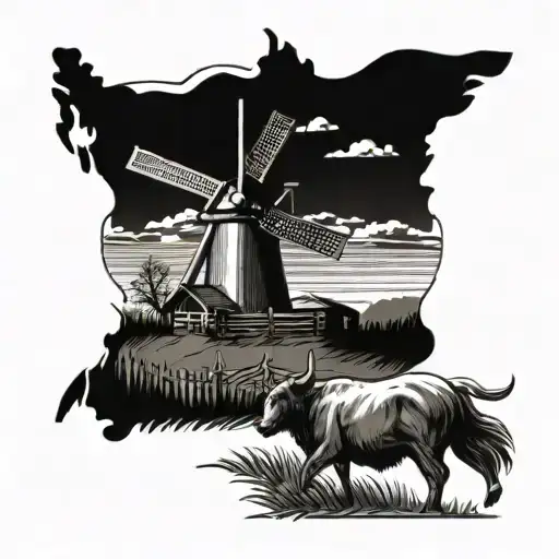 Farm Scene With Windmill By Cattle And Rocking Horse Bison