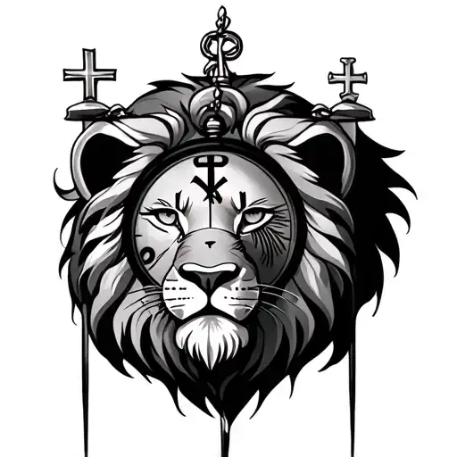 Lion With Clock Behind It With Cross On One Eye