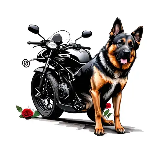 A German Sheperd Standing By A Black Motor Cycle With Roses Around It