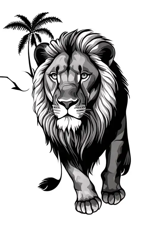 Lion With African Trees Colors Sunset