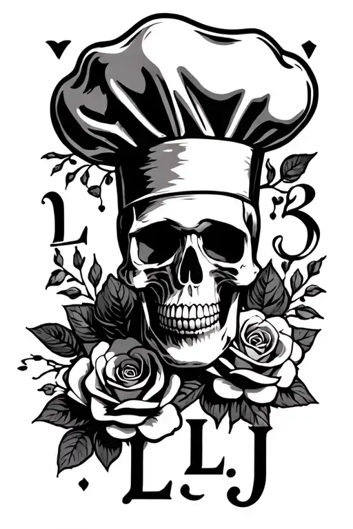 Forearm Saying Llj Then A Skull With A Chef Hat With Roses Around It