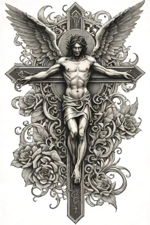 Crucifix With Angel Wings On The Whole Back