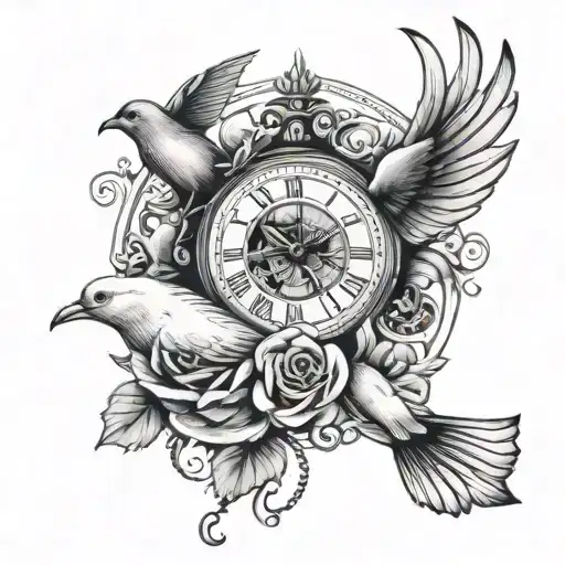 An Eye In The Center Of A Clock With A Rose Below And A Dove Above