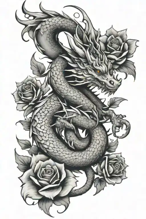 Dragon With Flowers Intertwined