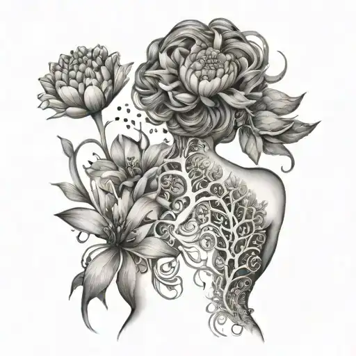 Fine Female Back Tattoo Of Nervous System Regenerating Into Flowers