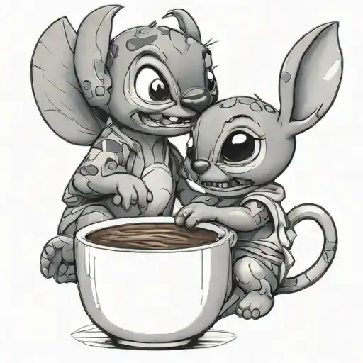 A Whimsical Scene Of Lilo And Stitch Enjoying A Cup Of Coffee Together